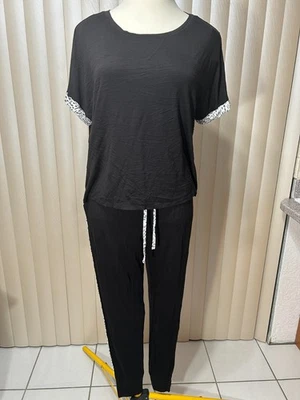 Womans Alfani 2pc Pajama Set L Short Sleeve Jogger Pants Relax Lounge PJs Black - Image 1 of 4