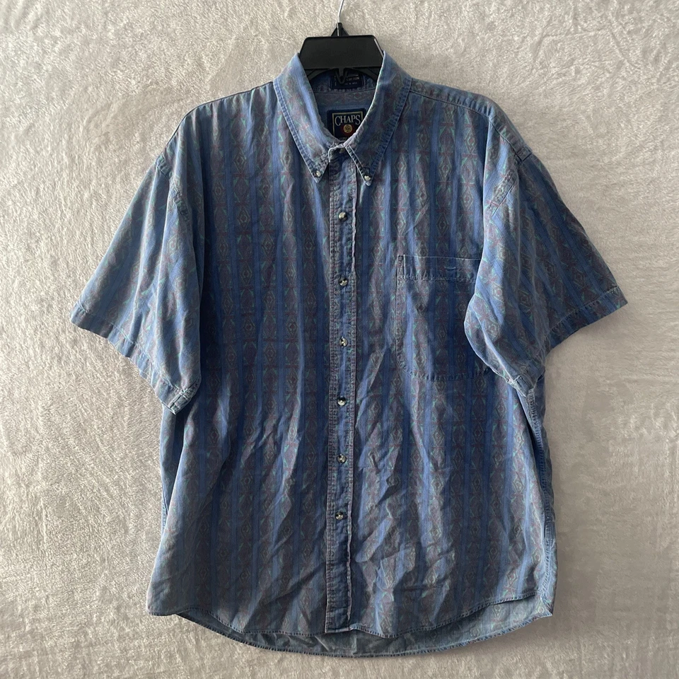 Camisa Chaps Ralph Lauren Hombres Botón Azul Azteca Grande Algodón De Colección Años 90 Manga Corta Foto 1 de 4