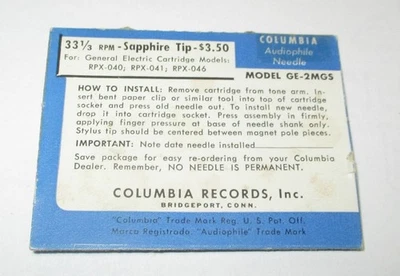 Aguja de zafiro Columbia GE-2MGS 33 RPM para cartucho GE RPX-040-041 y 046 Foto 1 de 3