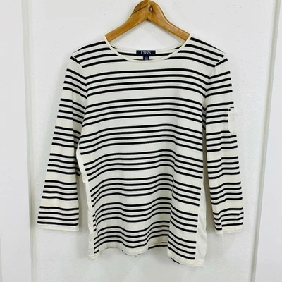 Chaps Women's Striped Top Large White Boat-Neck Long Sleeve Blouse. - Image 1 of 4