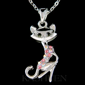 Pink Fuchs Kätzchen mit Swarovski Kristall Kätzchen Halskette Schmuck Süß - Bild 1 von 1