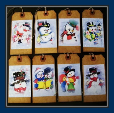 CUTE VINTAGE SNOWMEN WITH CHILDREN HANG TAGS - EIGHT - PRIMITIVE DESIGNS - Image 1 of 4