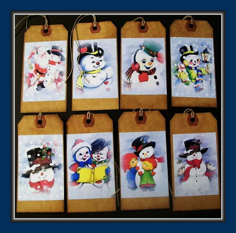 CUTE VINTAGE SNOWMEN WITH CHILDREN HANG TAGS - EIGHT - PRIMITIVE DESIGNS - Image 1 of 4