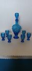 Vintage 1960's MCM Blue Grapes Glass Decanter, Stopper And With 6 Shot Glasses