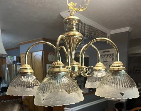 Victorian Style Brass Chandelier With 5 Sconces. 2 Available Cover