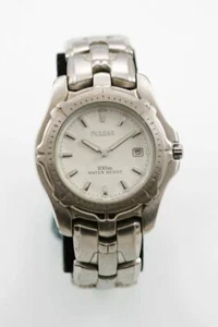 Pulsar Men Watch Stainless Steel Silver Date 100m Water Re White Battery Quartz - Picture 1 of 3