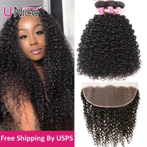 Brazilian Curly 3 Bundles Human Hair Extension with 13x4 Lace Frontal Closure US - Picture 1 of 12