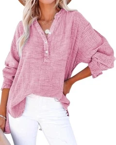 Women's Casual Cotton Pullover Tops Long Sleeve V Neck Blouse Front Button Light - Picture 1 of 46