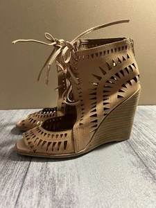 Jeffrey Campbell Rodillo Cutout Hi Wedge Peep Sandals Nude Size 8.5 - Picture 1 of 11