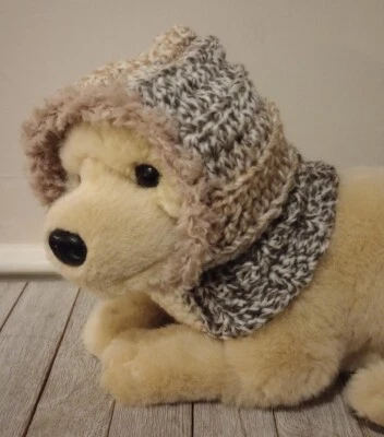 Chapéu capuz de cachorro feito à mão de crochê snood pequeno raça média palavras cruzadas marrom - Imagem 1 de 4