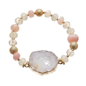 Stretch Bracelet with pink agate beads and lilac druzy quartz stone - Jae P - Picture 1 of 7