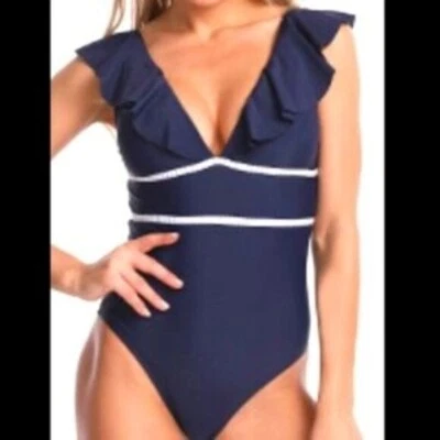 Traje de baño JUICY COUTURE talla S 1 pieza volantes profundos cuello en V y espalda azul marino nuevo con etiquetas $98 Foto 1 de 4