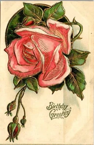Vintage Birthday Embossed Pink Rose Flower with Gold Gilt Accents  - Picture 1 of 3