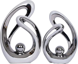 2pc Ceramic Decor Sculptures, Modern Mid Century Accent Statues, Silver/White - Picture 1 of 8