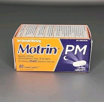 Comprimidos Motrin PM, 200 mg de ibuprofeno y 38 mg de ayuda para dormir, 80 Ea 08/2027 Foto 1 de 4