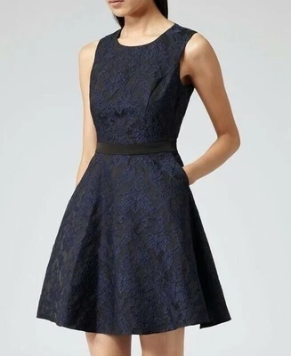 NWT REISS Jacquard Navy Dress Natalie floral Open Back cut-out Flared DressUK 14 - Image 1 of 4