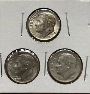 1949 P, D, S Roosevelt Dimes, 90% Silver - Picture 1 of 2