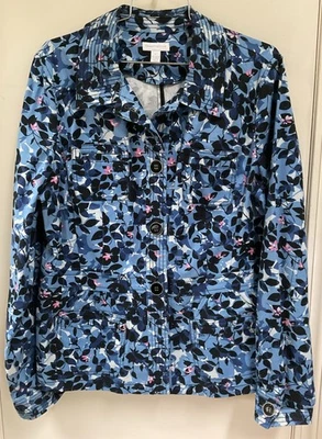 Chaqueta Charter Club Mujer Azul HOJAS Rosa FLORAL Botón Frontal ALGODÓN Talla L Foto 1 de 4