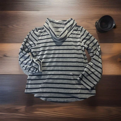 Sudadera deportiva para mujer Style & Co L gris terciopelo rayas capucha cuello lengüeta suéter Foto 1 de 4