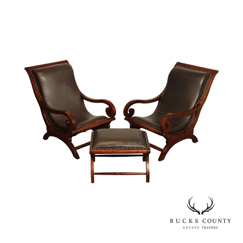 Vintage Pair of Hardwood and Leather Plantation Chairs with Ottoman Cover