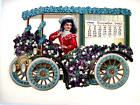 Gorgeous Large Vintage Die Cut Calendar w/ Girl In Car Covered In Blue Flowers *