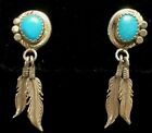 HAND MADE ESTATE STERLING SILVER NATIVE TURQUOISE FEATHER DANGLE EARRINGS 1 1/2"