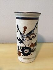 Vintage Signed Tonala Mexico Bird Flower Vase Art Pottery Blue Green Brown 9.5”
