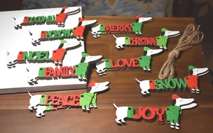 NEW 20 Pc Wooden Dachshund Dog Christmas Ornaments / Gift Tags 6” Carved Words - Picture 1 of 6