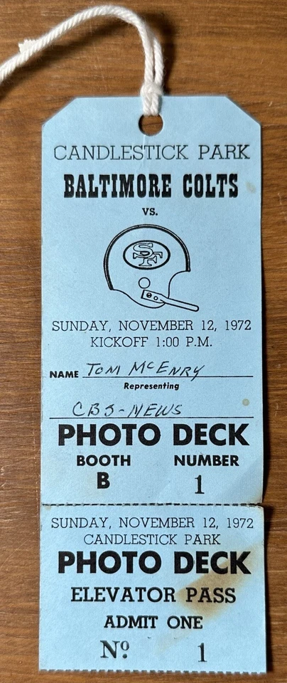 Boleto de juego Baltimore Colts V San Francisco 49ers de noviembre de 1972 pase de prensa foto mazo Foto 1 de 4