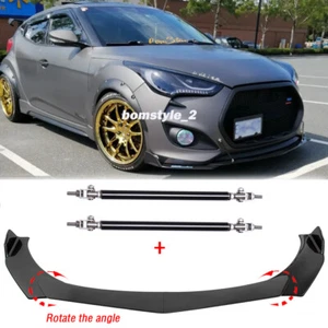 Divisor de alerón labial de parachoques delantero de carbono + varillas de puntal para Hyundai Veloster 12-21 - Imagen 1 de 12