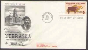 US. 1328. 5c. Hereford Steer & Ear of Corn, Nebraska State.. Art Craft FDC. 1967 - Picture 1 of 1