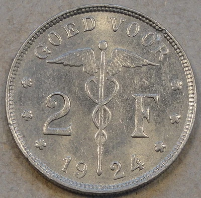 Belgium 1924 Two Francs Better Grade with Luster Belgie - Image 1 of 2