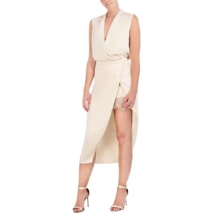 BCBGMAXAZRIA Womens Beige Below Knee Surplice Lace Trim Midi Dress 10 BHFO 2841 - Picture 1 of 2