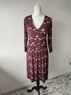 Vestido Laura Ashley Rodilla Talla 12 Envoltura Púrpura Folclore Floral Pájaros Verano Informal Foto 1 de 4