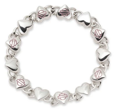 Pulsera de metal Harley-Davidson para mujer rosa barra y escudo corazón, plateada Foto 1 de 3