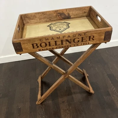 Butler Toffee Tray Bollinger Champagne Vintage Style Waxed Wood Folding Legs - Image 1 of 4