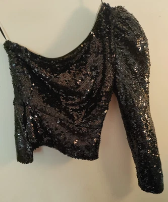 River Island Women's Black sequin one shoulder top Size 8 petite - Image 1 of 4