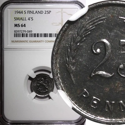 FINLAND Iron 1943 S  25 Penniä Small "4"  WWII  NGC MS64 TOP GRADED KM# 25b (9) - Image 1 of 4