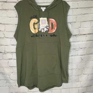 Neu mit Etikett LuLaRoe Bretagne ärmelloses Tanktop mit Kapuze 2XL olivgrün Grafik mit Gott - Bild 1 von 5