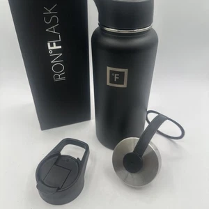 Iron Flask Wide Mouth Water Bottle With Straw Lid Black 32 oz - Picture 1 of 3