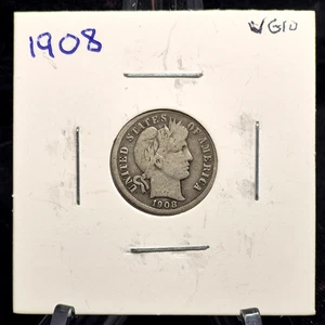 😲"OFFSET STRIKE ERROR" 1908 Barber Dime 90% Silver VG-F Features & CCW Rotation - Picture 1 of 4