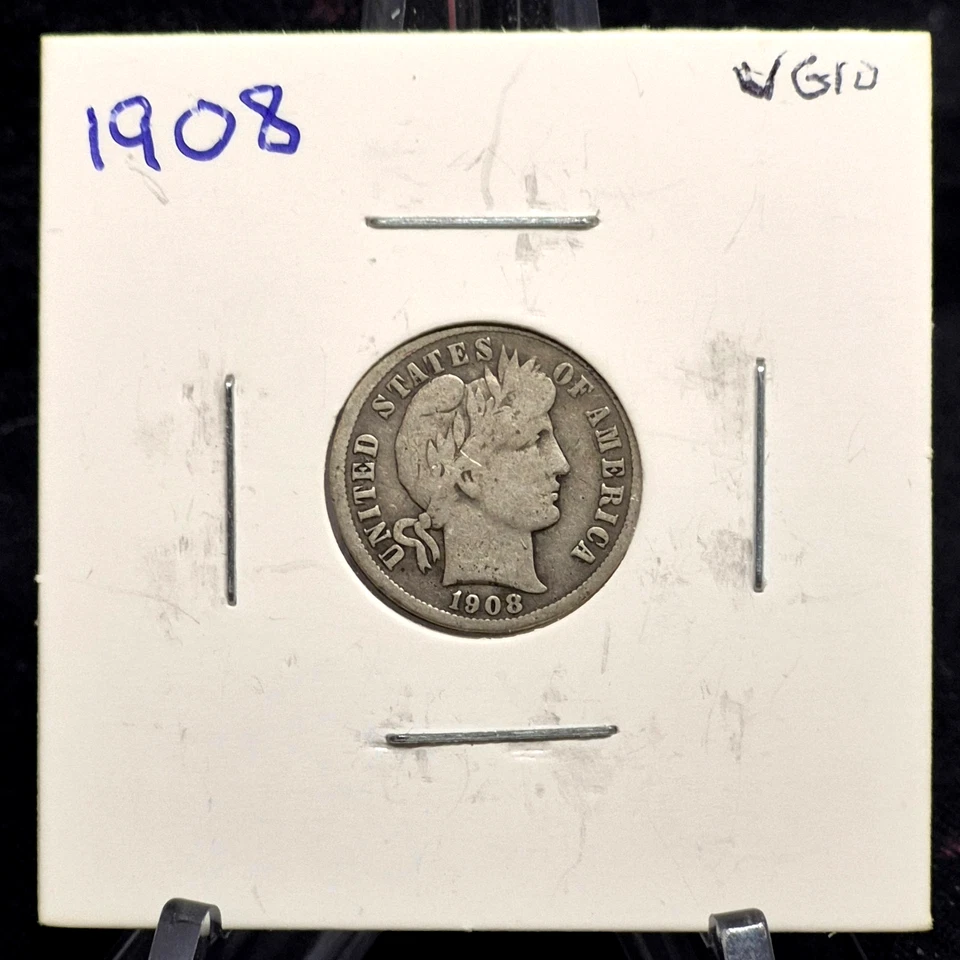 😲"OFFSET STRIKE ERROR" 1908 Barber Dime 90% Silver VG-F Features & CCW Rotation - Image 1 of 4