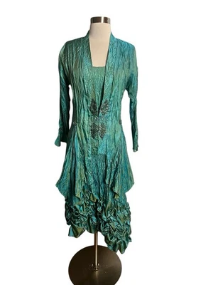 Lee Andersen Satin Midi Dress With Jacket Small Teal Art To Wear Crinkled - Image 1 of 4