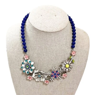 Lia Sophia 3D Flower Rhinestone Statement Bib Necklace w Blue Beads Silvertone - Image 1 of 4