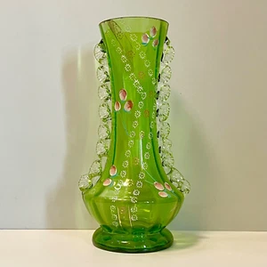 Antique Glass Vase Green Victorian Hand Painted Enamelled Ruffle Sides 10" 1880s - Picture 1 of 14
