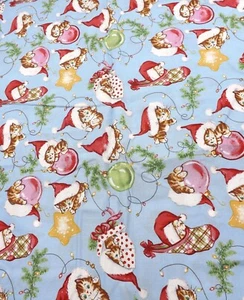 Blue David Textiles Santa Hat Kitten Cat in Stocking Christmas Fabric 1 Yd - Picture 1 of 10