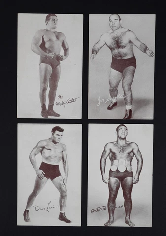 Lot of 4 1950's Exhibits Pro Wrestling Postcards: Mighty Atlas, Rocca, Levin WWF Cover