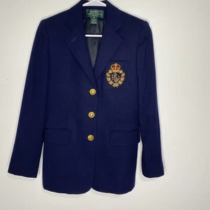 Lauren Ralph Lauren Wool Navy Blazer Jacket Crest Gold Creasted Buttons Sz 2P - Picture 1 of 8