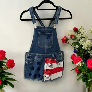 Justice Shortalls Girls Med Wash Denim Blue Jean U.S.A Flag Size 14 Sequin - Picture 1 of 7