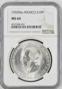 1955 Mo Mexico Silver 10 Pesos NGC MS 64 - Picture 1 of 2